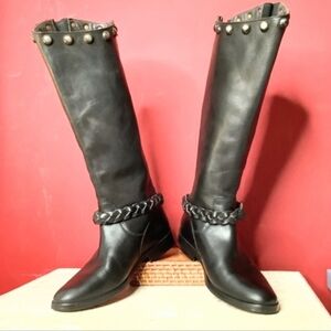Golden Goose Italian Black Knee High Riding Boots Studs Full Back Zippers Buckle